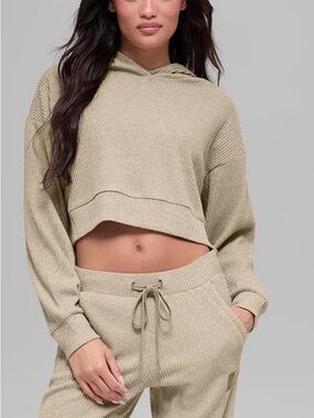 Alo Yoga Muse Hoodie XS Gravel Heather Ribbed Cropped Athleisure